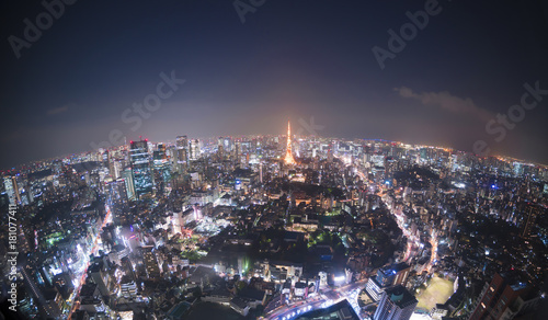 東京夜景 180度魚眼レンズで望む都心全景 東京タワーからスカイツリーまで Stock Photo Adobe Stock