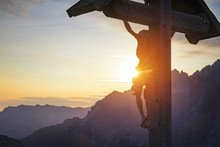 Crucifix On Mountain At Sunrise, Dolomites, Italy