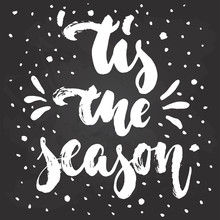 Tis The Season - Hand Drawn Christmas And New Year Winter Holidays Lettering Quote Isolated On The Black Chalkboard Background. Fun Brush Ink Inscription For Greeting Card Or Poster Design.