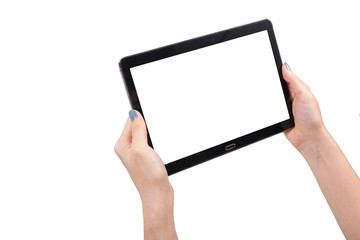 Hand using tablet isolated white clipping path inside