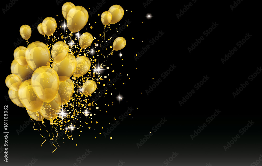 Golden Balloons Golden Particles Confetti Black Background - obrazy, fototapety, plakaty 