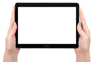 Woman hand using mock up digital tablet isolated clipping patch