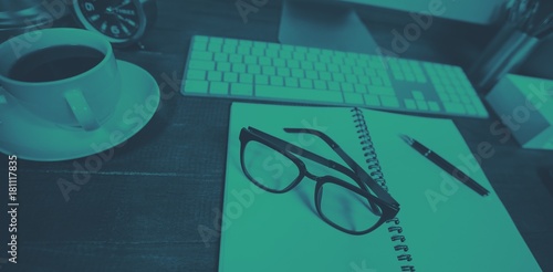 Fotografia, Obraz Spiral notepad with black coffee and spectacles