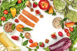 © laplateresca - Vibrant fresh food, vegetables, fruits, legumes, fish on white