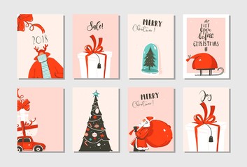 hand drawn vector abstract fun merry christmas time cartoon cards collection set with cute illustrat