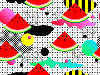 Wall Mural - seamless summer geometric pattern with watermelon in retro 80s 90s style. abstract vector retro memp