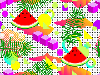 Wall Mural - seamless summer geometric pattern with watermelon in retro 80s 90s style. abstract vector retro memp