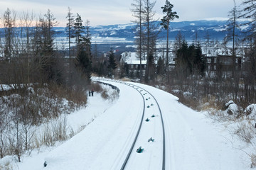 View of the funicular railway at High Tatras mountains National park in Slovakia. Railroad leads to popular ski and tourist resort Hrebienok (altitude 1285 m.) from Stary Smokovec village.