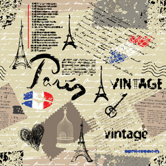 Poster - Seamless background pattern. Imitation of a vintage scrapbook collage with a Paris lettering.