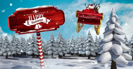 Poster - Happy Holidays text on Wooden signpost in Christmas Winter