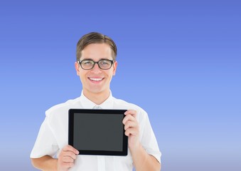 Poster - Man holding tablet with blue background