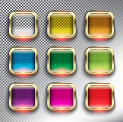 Wall Mural - abstract square web buttons set of 9. square glass web icons with golden frame. isolated with realis