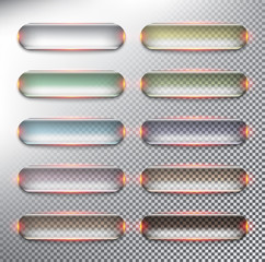 Wall Mural - Abstract vector web buttons set of 10. Glass web buttons in pastel colors. Isolated with realistic, transparent glass shine and shadow on the light background. Vector illustration. Eps10.