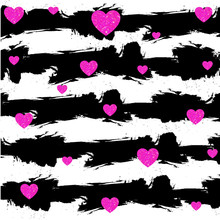 Abstract VECTOR Grunge Background With Black White Stripes. Magenta Hearts. Valentines Card Background.
