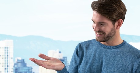 Poster - Businessman with hand palm open in city