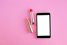 Black Smartphone For A Girl On A Pink Background And With Lipstick