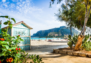 Mondello beach, flowers, mountains, Sicily, Italy, Europe