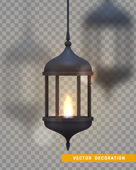 Canvas Print - Vintage dark blue lantern with a burning realistic fire.