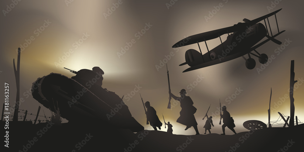 guerre mondiale - 14-18 - bataille - centenaire - armistice - char d’assaut - avion - Verdun - obrazy, fototapety, plakaty 