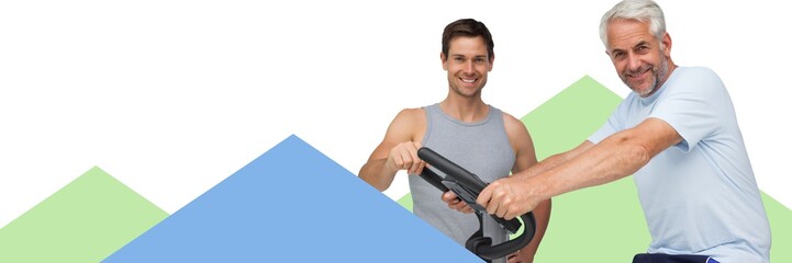 Wall Mural - Fitness trainer men with minimal shapes and exercise bike