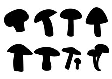 Mushrooms Set Black Silhouettes On White Background. Vector Isolated Elements. Icons.