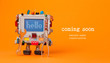 Web site under construction Coming Soon template page. Toy robot with hand wrench and pliers. Orange background