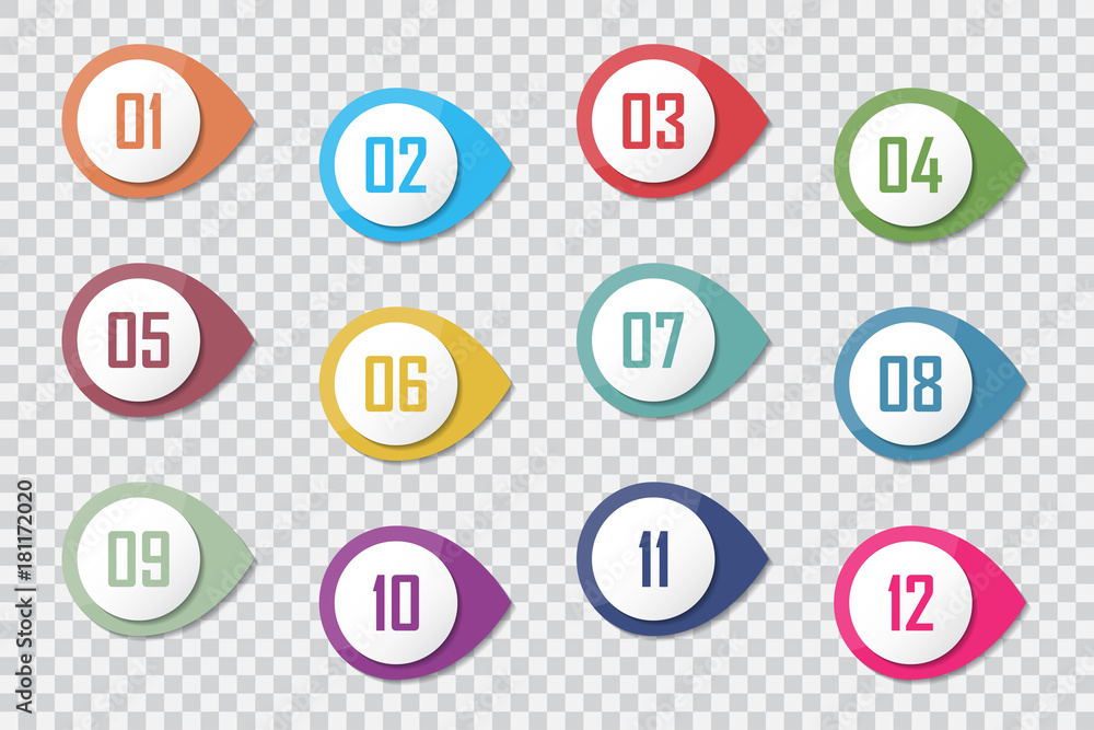 Number Bullet Point Colorful 3d Markers 1 to 12 Vector - obrazy, fototapety, plakaty 
