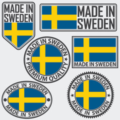 Wall Mural - Made in Sweden label set with flag, made in Sweden, vector illustration