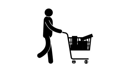 Wall Mural - Pictogram man walks with full  shopping cart. Looped animation with alpha channel.