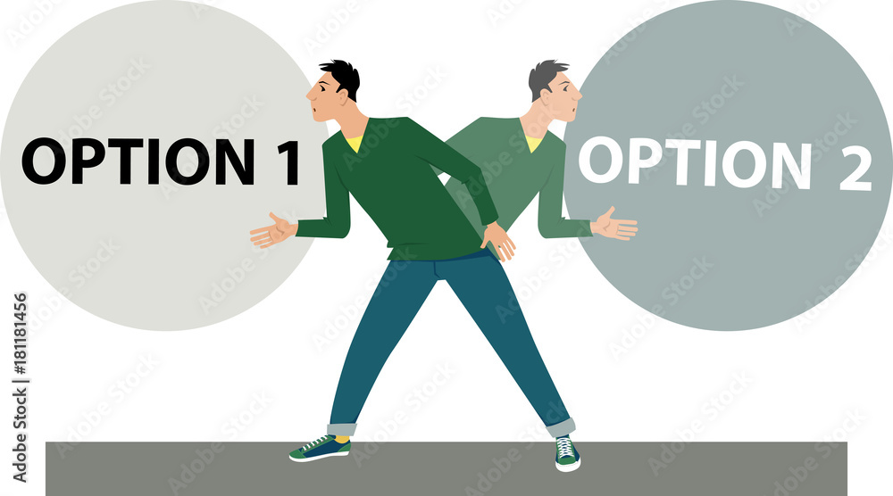Man hesitates between two option in a process of decision making, EPS 8 ...