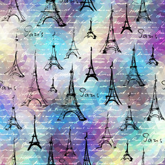 Poster - Seamless background pattern. Imitation of a vintage scrapbook collage with a Paris lettering.