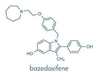 Sticker - Bazedoxifene postmenopausal osteoporosis prevention drug molecule. Selective estrogen receptor modulator (SERM). Skeletal formula.