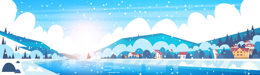 Wall Mural - Winter Landscape Of Small Village Houses On Banks Of Froze River And Mountain Hills Covered With Snow Horizontal Banner Flat Vector Illustration