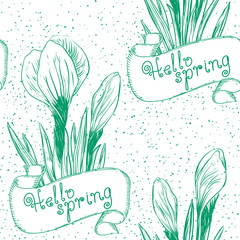 Wall Mural - Spring background. Hello spring! Vector ornate seamless  patterns of crocus at retro engraving style.