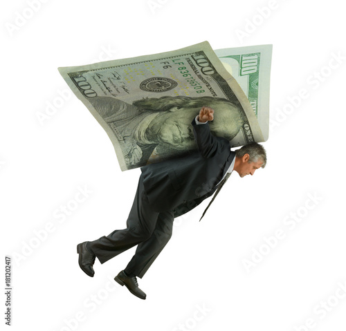 Man In A Business Suit Flying On Wings Of Money Representing - man in a business suit flying on wings of money representing financial risk stock exchange success successful investments retirement savings