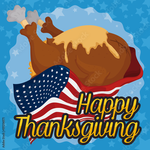 Fotografia, Obraz Delicious Turkey for Thanksviging Dinner Covered with American Flag, Vector Illu