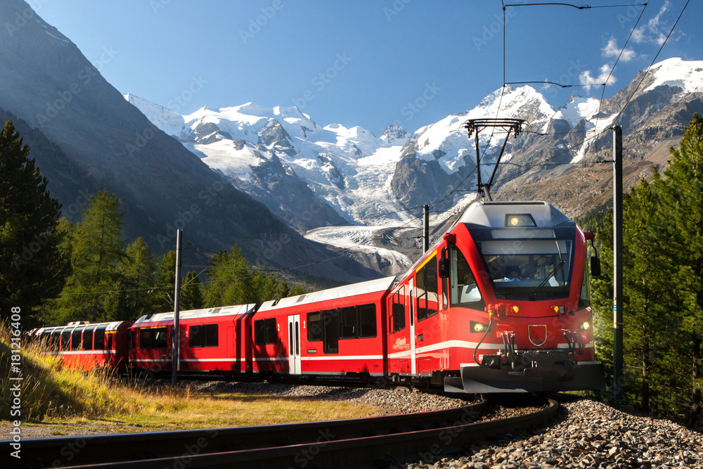 switzerland train at moteratsch glacier Bernina - obrazy, fototapety, plakaty 