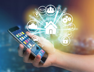 Home button of a technology interface surrounded by application - technology app concept