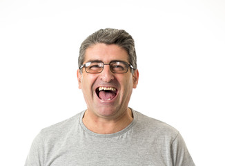 Wall Mural - white man 40 to 50 years old smiling happy showing nice and positive face expression isolated on grey background