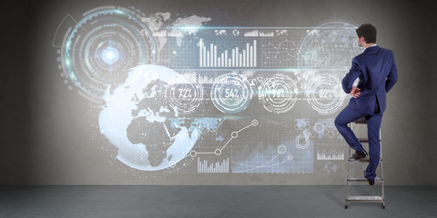 Poster - Businessman using graph screens interface on a wall 3D rendering