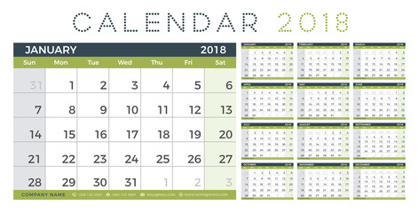 Wall Mural - Calendar Planner 2018 year.  Simple minimal wall type calendar template. Week starts from sunday