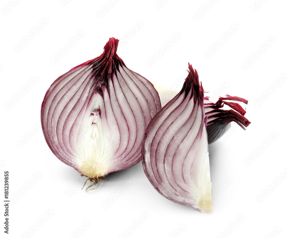 Sliced red onion on white background