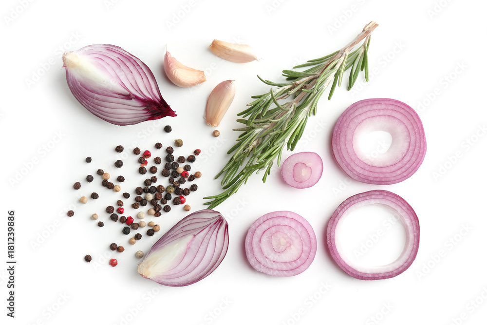 Beautiful composition with red onion on white background