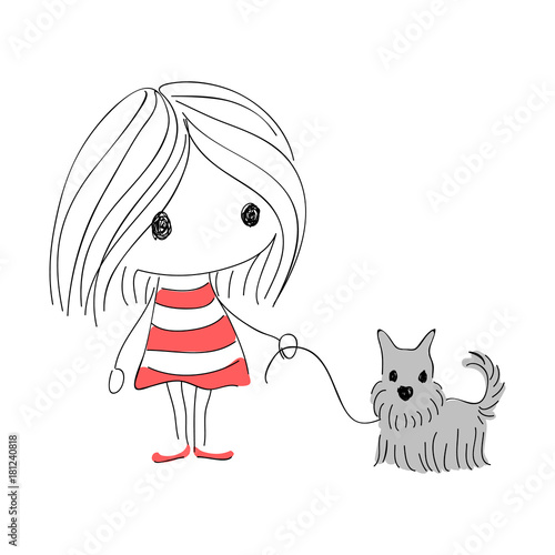 Cute Girl With Dog Sketch Vector Illustration Buy This