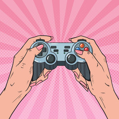 Pop Art Woman Holding Gamepad. Female Hands with Joystick Console. Video Game. Vector illustration