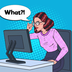 Pop Art Young Weak-Eyed Business Woman in Eyeglasses Working at the Computer. Vector illustration