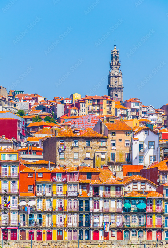 aerial view of porto dominated by torre dos clerigos tower, Portugal. - obrazy, fototapety, plakaty 