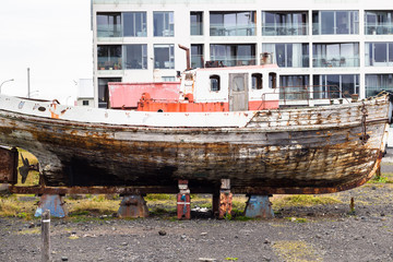 Sticker - old ship on street in Reykjavik city