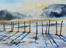 Landscapeof Fields In Mountains In Cold ,winter Day.Picture Created With Watercolors.