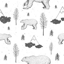 Vector Seamless Pattern With Polar Bear In Forest. Hand Drawn Illustration With Arctic Animals And Firs. Winter Background. New Year And Christmas Texture